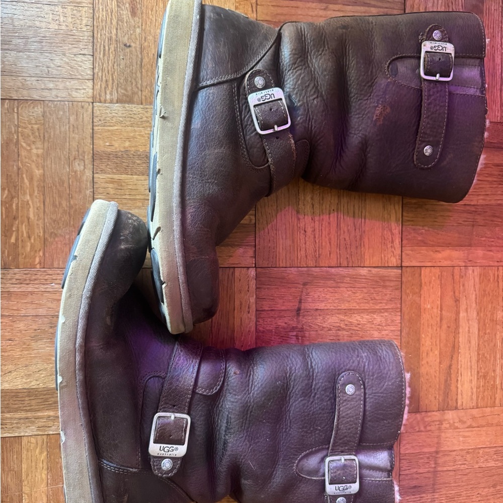 UGG Dark Brown Leather Boots with Silver Buckles